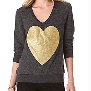 💖 Wildfox Gold Sparkle-Heart Gray V-Neck Sweater